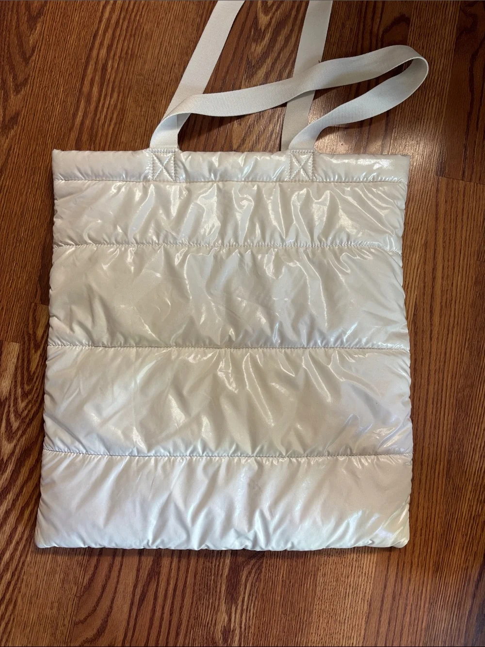 Bath and Bodyworks Iridescent White Puffer Tote Bag with Shoulder Straps.